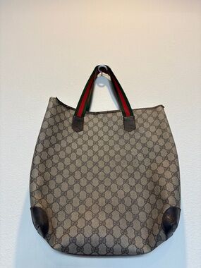 Gucci Brown GG Supreme Tote with Green-Red Web Handles